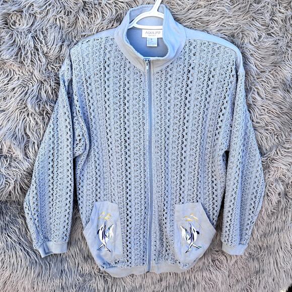 Vintage Adolfo Sport Zip Up Jacket See Thru Crochet Dolphin Embroidery Womens M - Picture 1 of 10